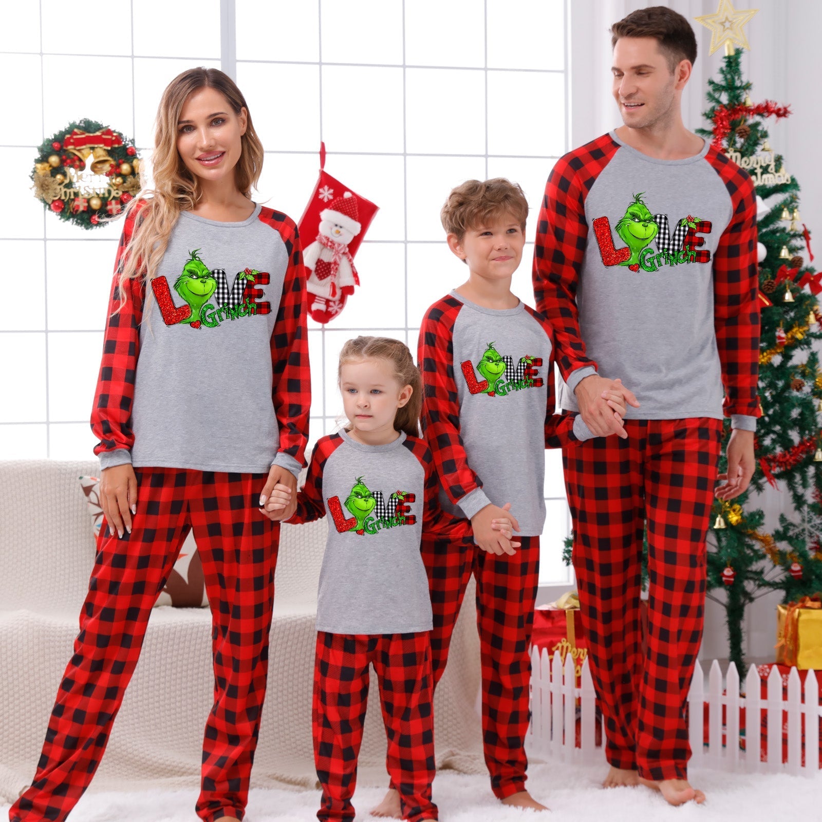 Christmas Plaid Family Pajama Set with Grinch Print