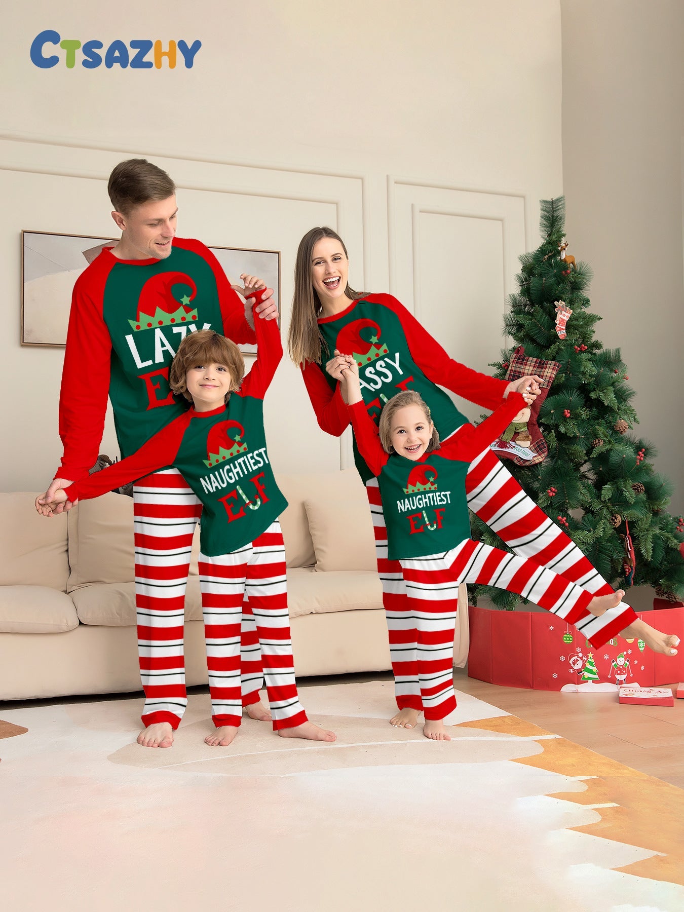 Christmas Hat ELF Printed Stripe Parent-Child Matching Pajamas