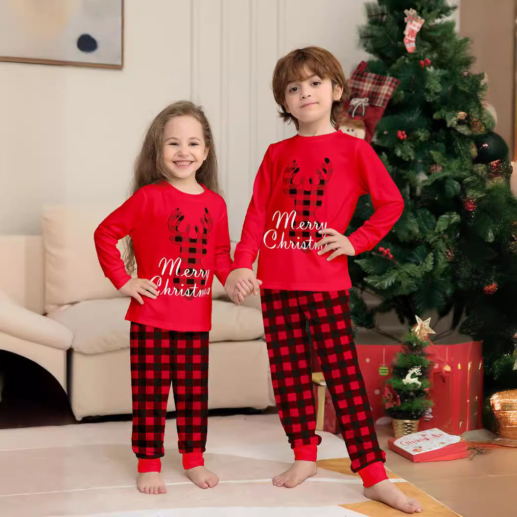 Christmas Holiday Parent-Child Casual Plaid Set with Elk Monogramming