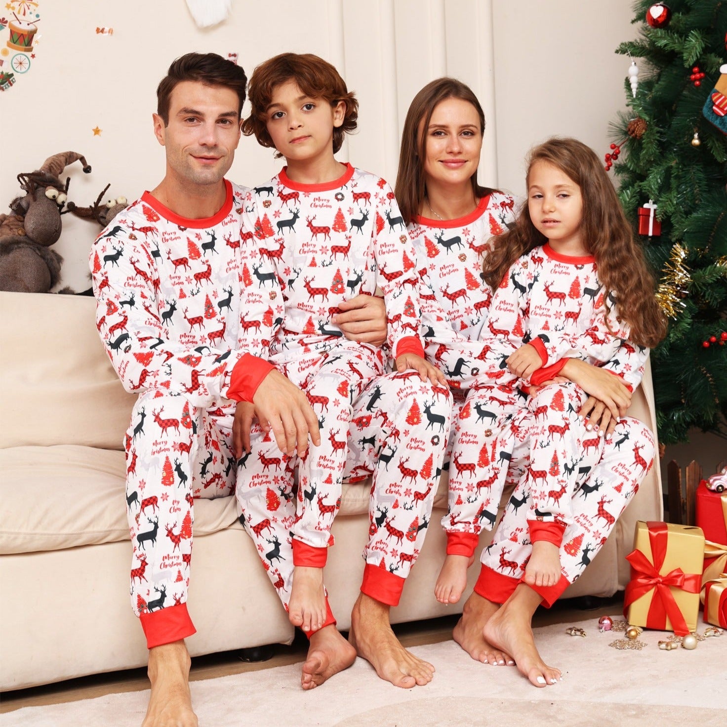 Christmas Parent-Child Pajamas with Monogrammed Cartoon Deer Prints