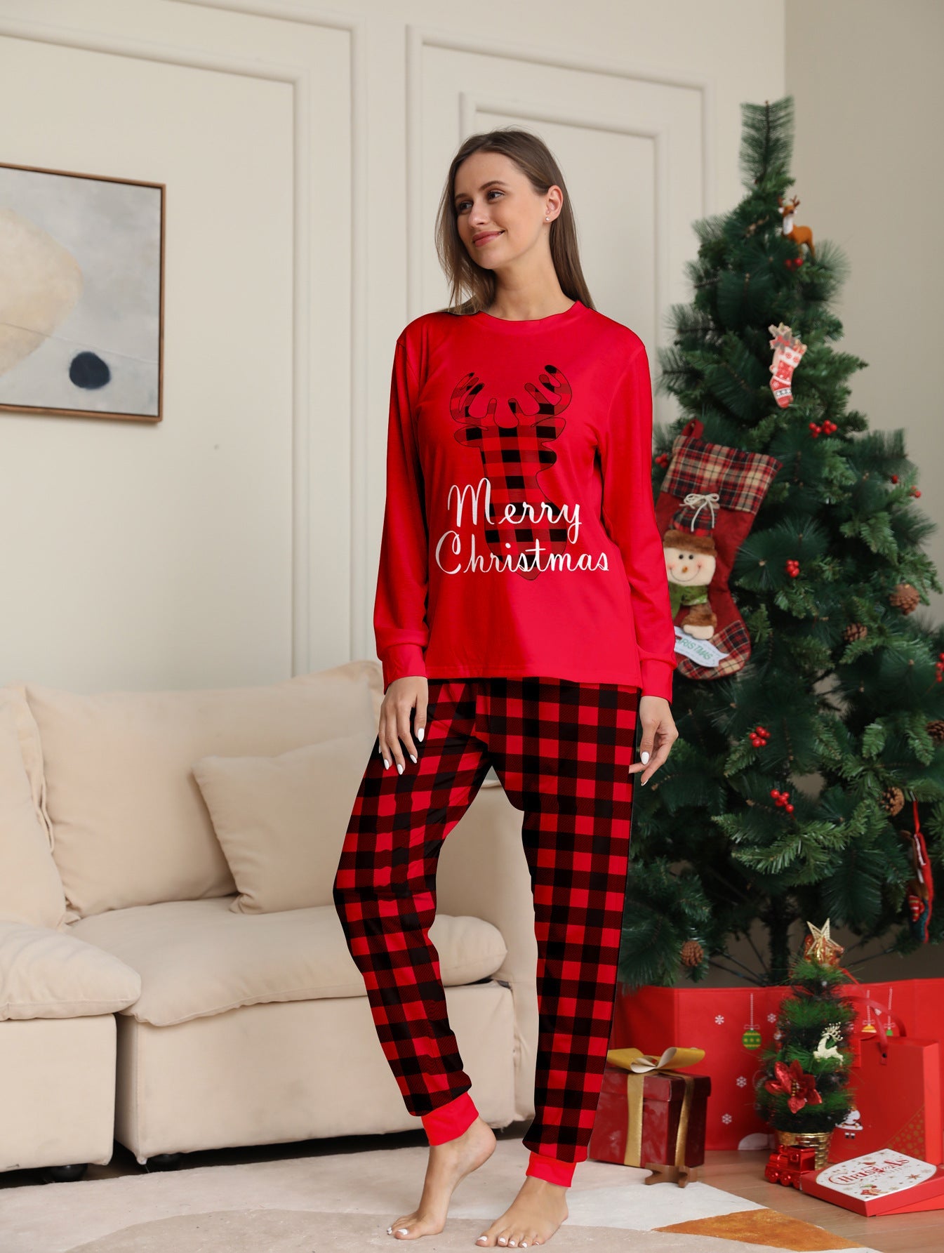 Christmas Holiday Parent-Child Casual Plaid Set with Elk Monogramming