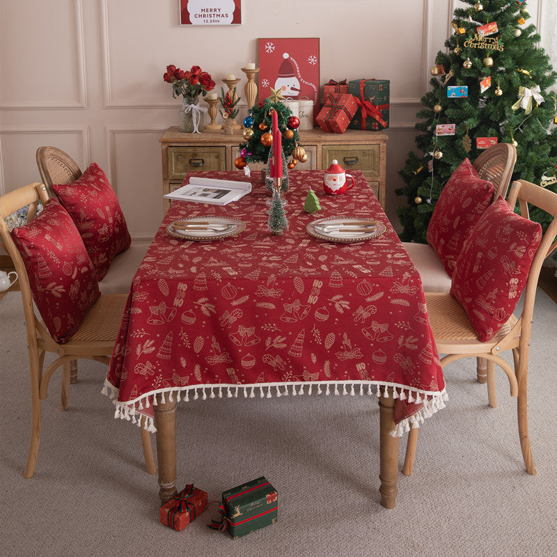 Christmas Red Jacquard Tassel Tablecloth