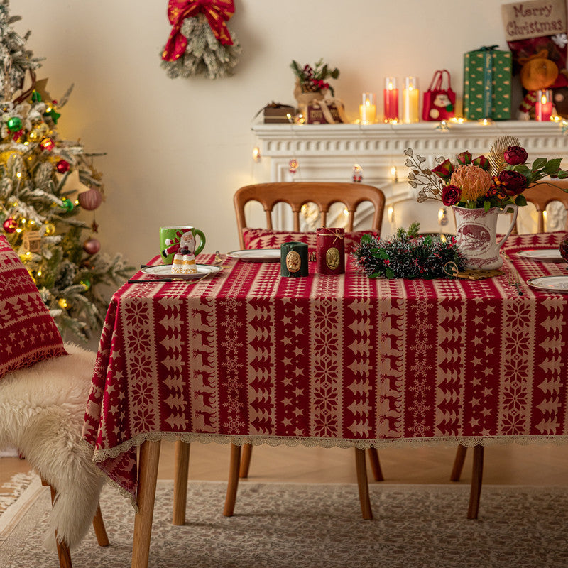 Christmas Red Jacquard Tassel Tablecloth