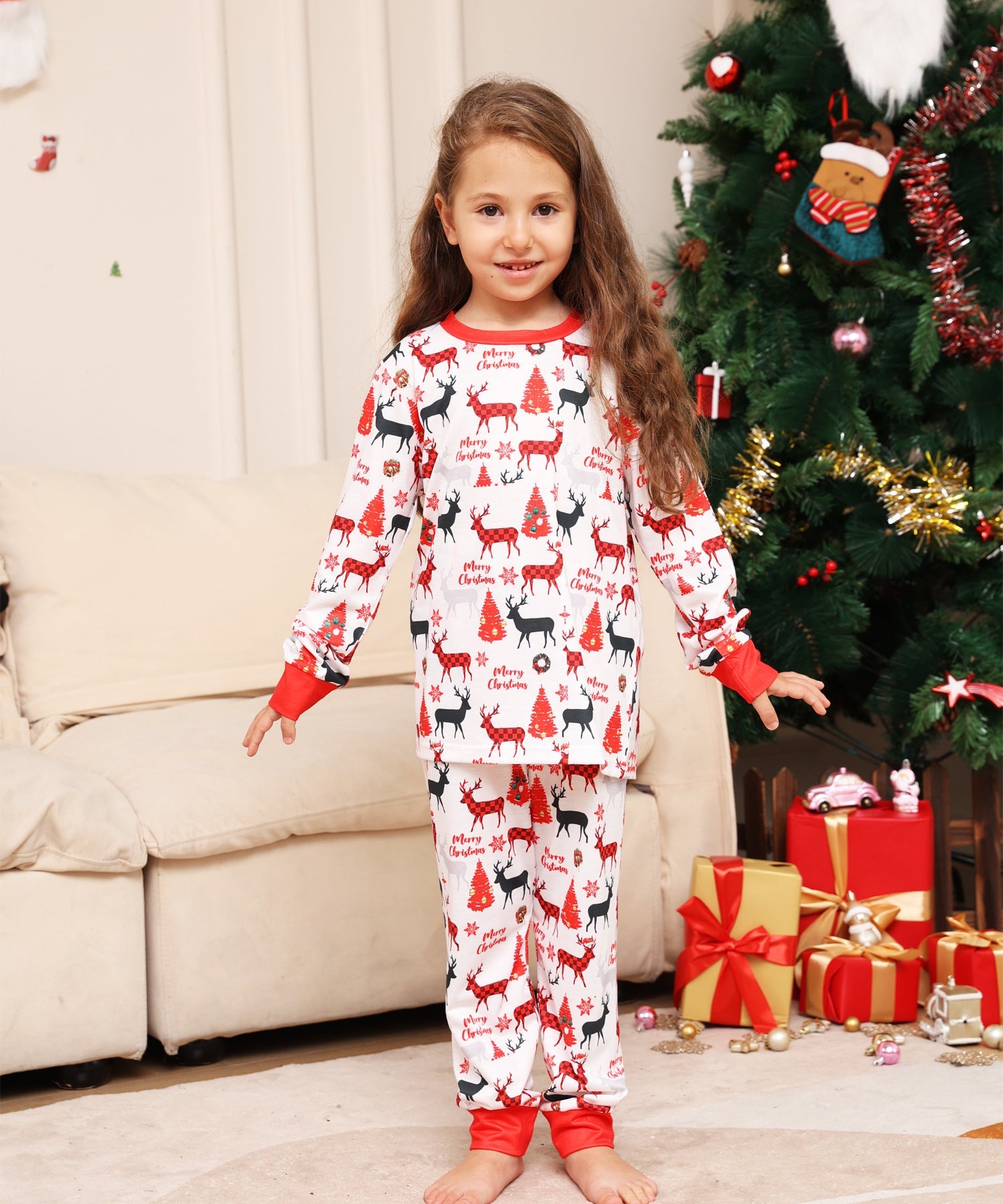 Christmas Parent-Child Pajamas with Monogrammed Cartoon Deer Prints