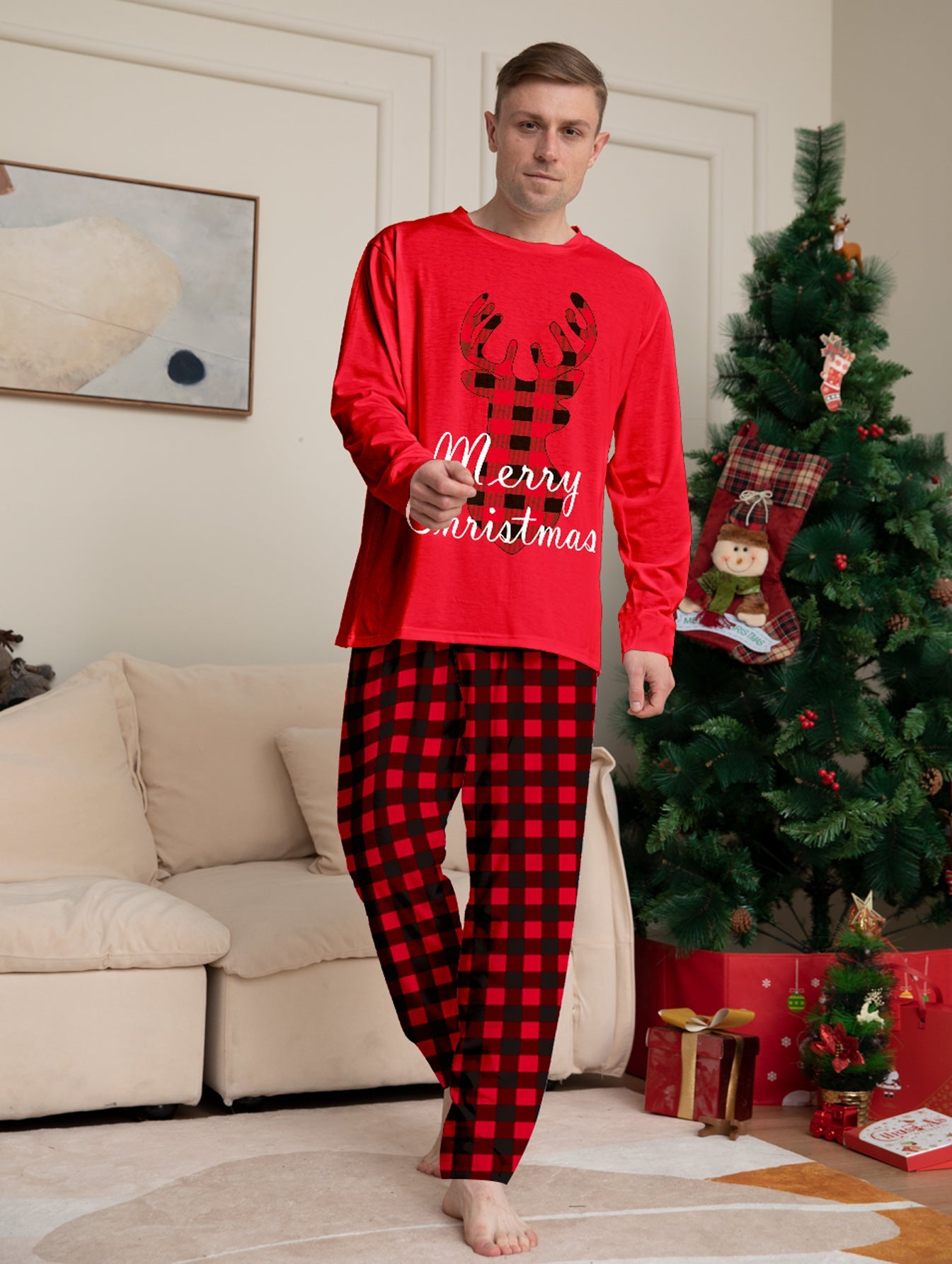 Christmas Holiday Parent-Child Casual Plaid Set with Elk Monogramming