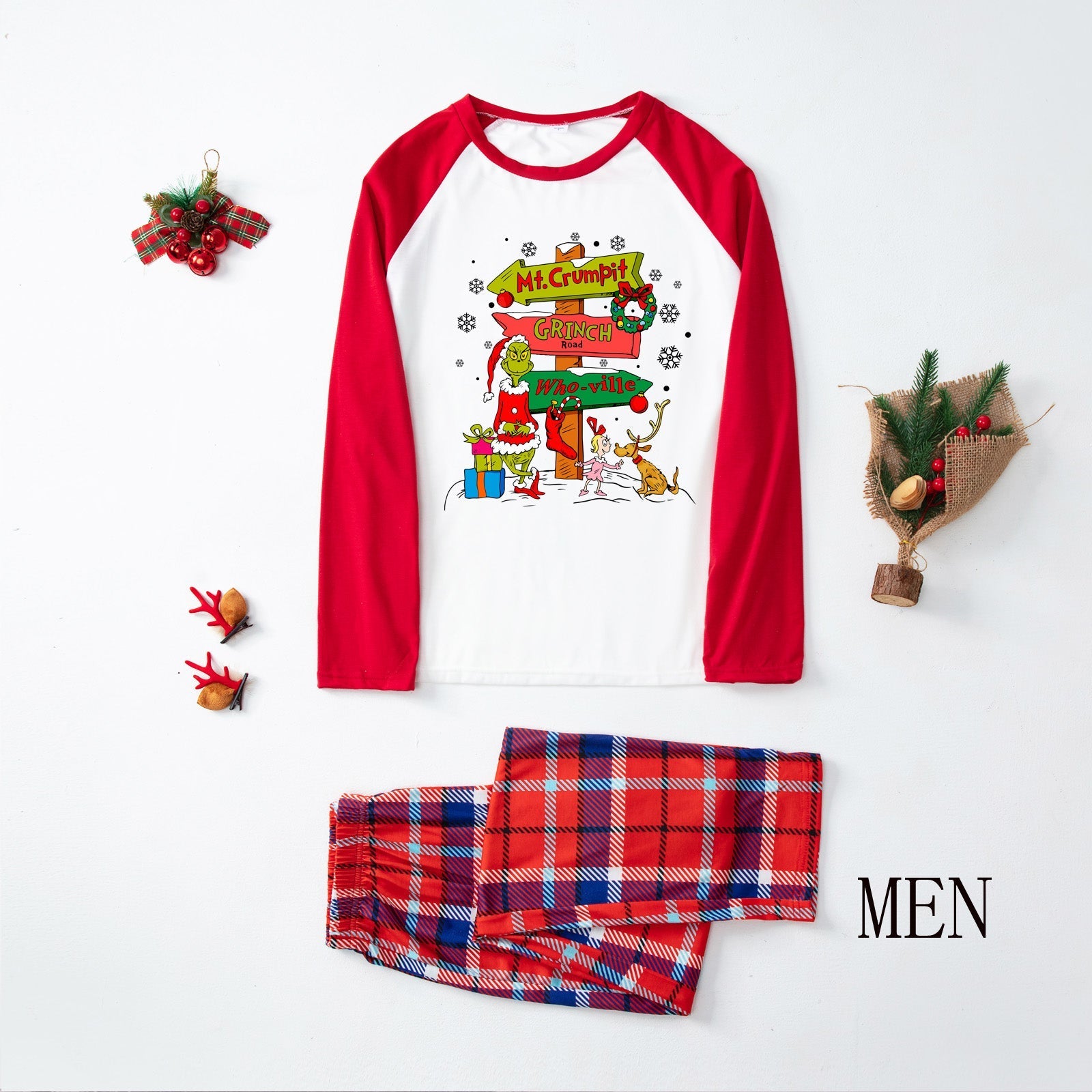 Christmas Plaid Cartoon Letter Print Red Pajama Set