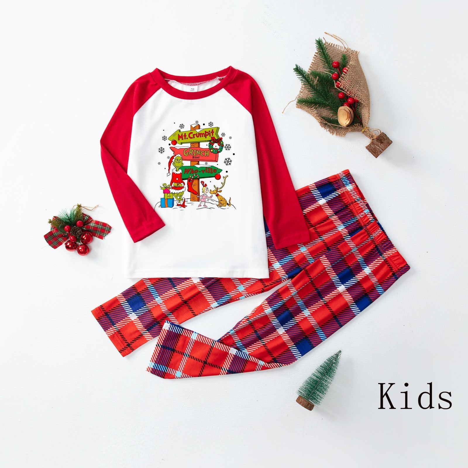 Christmas Plaid Cartoon Letter Print Red Pajama Set