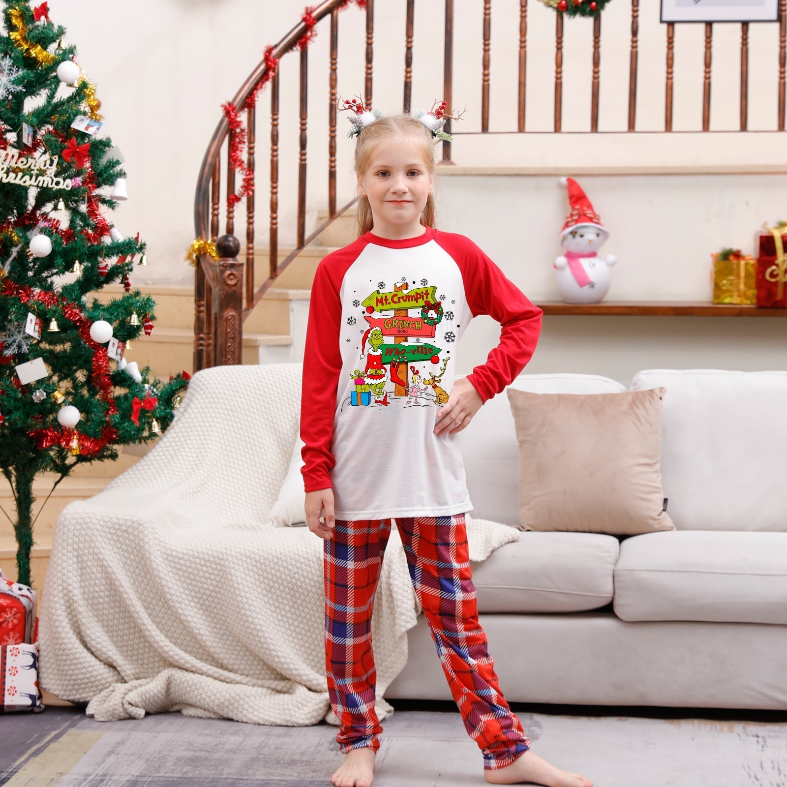 Christmas Plaid Cartoon Letter Print Red Pajama Set