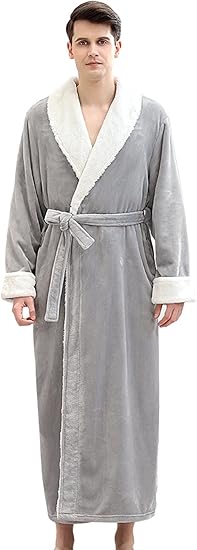 Men's Soft Fleece Plush Long Bothrobe Shawl Lapel Robe with Belt Smoking Jacket