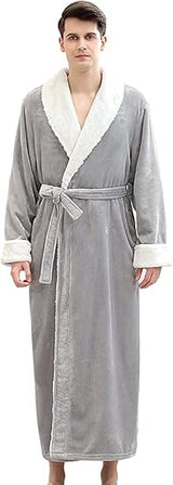 Men's Soft Fleece Plush Long Bothrobe Shawl Lapel Robe with Belt Smoking Jacket