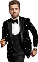 Men's 3 Pieces Suit Black Velvet Pearl Jacket Tuxedo Vest Pants Wedding Groom Suit