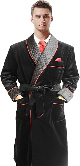 Men's Long Velvet Smoking Jacket with Belt Shawl Lapel Smoking Robe Quilted Dressing Gown