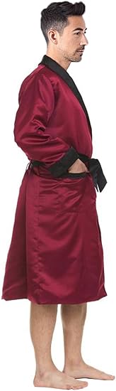 Men's Satin Long Smoking Robe Fully Lined Smoking Jacket Shawl Collar Spa Robe Bathrobe