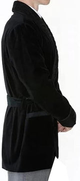 Men's Vintage Velvet Smoking Robe with Belt Short Lounge Bathrobe for Home Dinner Party