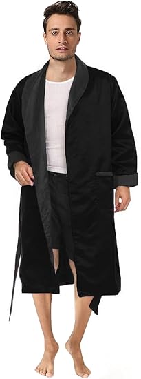 Men's Satin Long Smoking Robe Fully Lined Smoking Jacket Shawl Collar Spa Robe Bathrobe