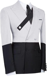 Men's Black White Contrast Suit 2 Pieces Double Breasted Blazer Trousers Wedding Prom Suit Set