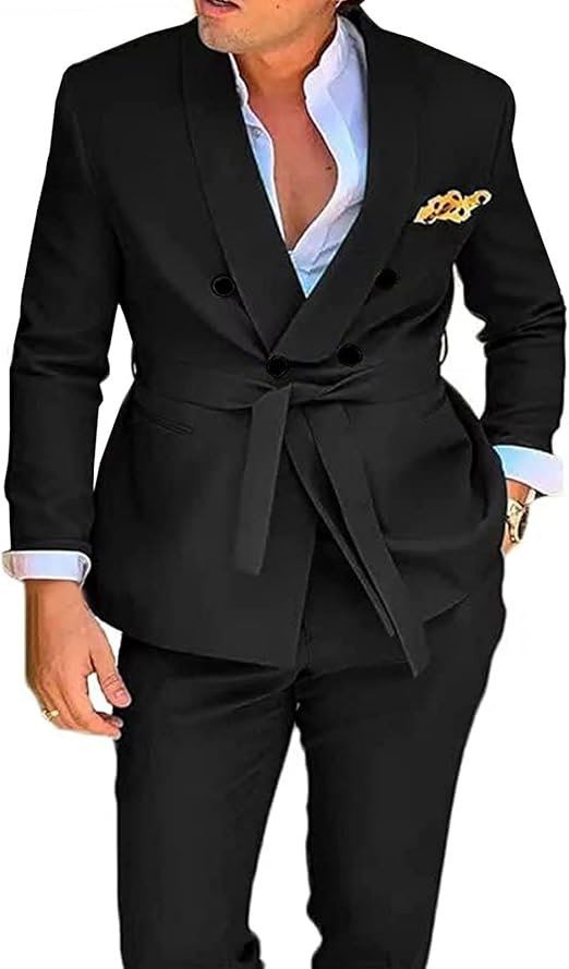 Men's 2 Pieces Suit Shawl Lapel Double Breasted Tuxedos with Belt Casual Jacket Pants Set