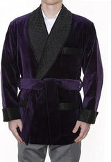 Men's Vintage Velvet Smoking Robe with Belt Short Lounge Bathrobe for Home Dinner Party