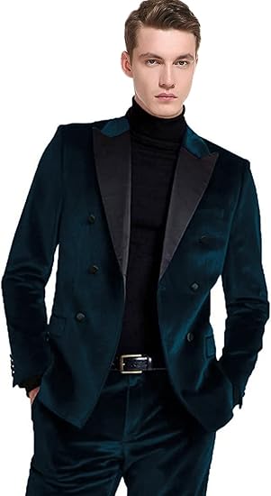 Men's 2 Pieces Velvet Suit Slim Fit Peak Lapel Double Breasted Blazer Tuxedo & Pants