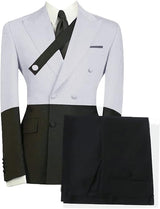 Men's Black White Contrast Suit 2 Pieces Double Breasted Blazer Trousers Wedding Prom Suit Set