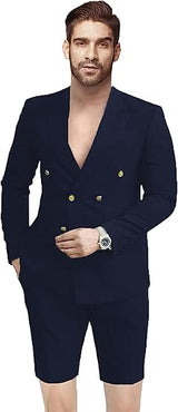 Men's 2 Pieces Slim Fit Suit Double Breasted Blazer Short Suits for Men