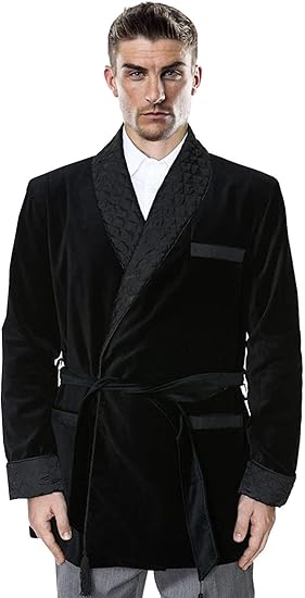 Men's Vintage Velvet Smoking Robe with Belt Short Lounge Bathrobe for Home Dinner Party