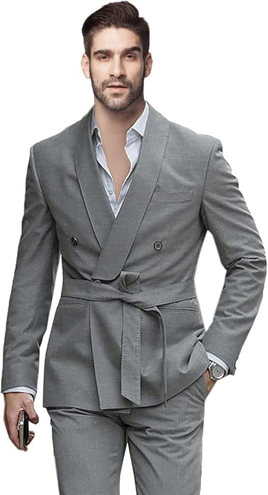 Men's 2 Pieces Suit Shawl Lapel Double Breasted Tuxedos with Belt Casual Jacket Pants Set