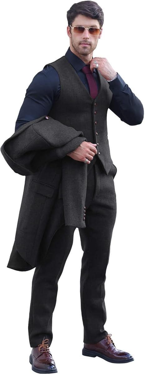 Mens 3 Piece Tuxedo Suit Vintage Shawl Lapel Herringbone Tailcoat 6 Buttons Waistcoat Pants