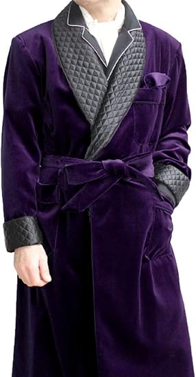 Men's Long Velvet Smoking Jacket with Belt Shawl Lapel Smoking Robe Quilted Dressing Gown