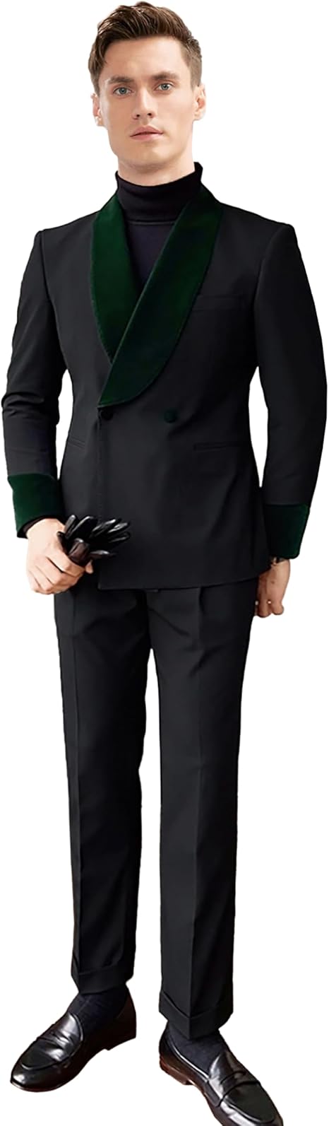 Men's 2 Pieces Casual Suit Slim Fit Green Velvet Shawl Lapel Blazer Tuxedos and Pants Wedding Suit