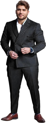 Men’s Pinstripe 2 Piece Suit Big and Tall Double Breasted Formal Wedding Tuxedo Suit