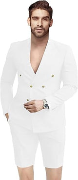 Men's 2 Pieces Slim Fit Suit Double Breasted Blazer Short Suits for Men