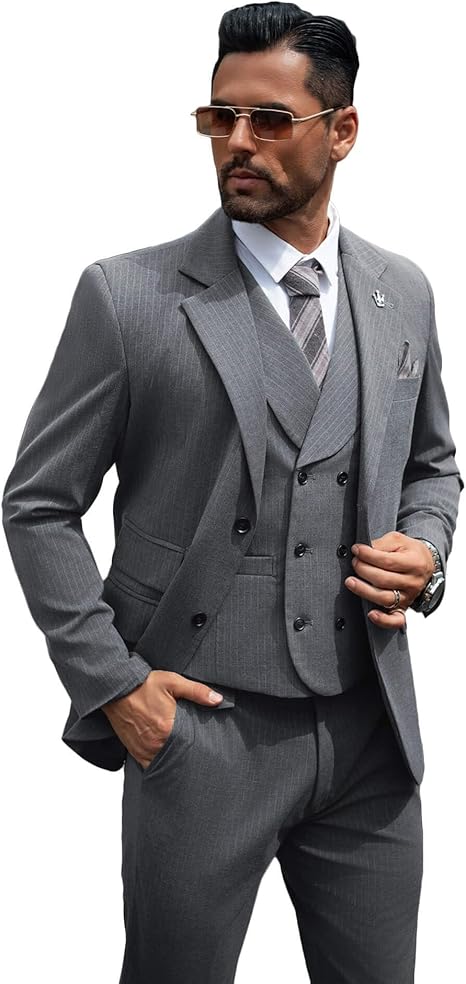 Mens 3 Piece Suit Pinstripe Suit Slim Fit Elegant Tuxedo Double Breasted Vest Pants for Business Wedding
