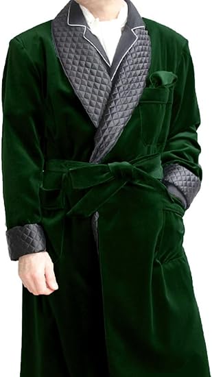 Men's Long Velvet Smoking Jacket with Belt Shawl Lapel Smoking Robe Quilted Dressing Gown