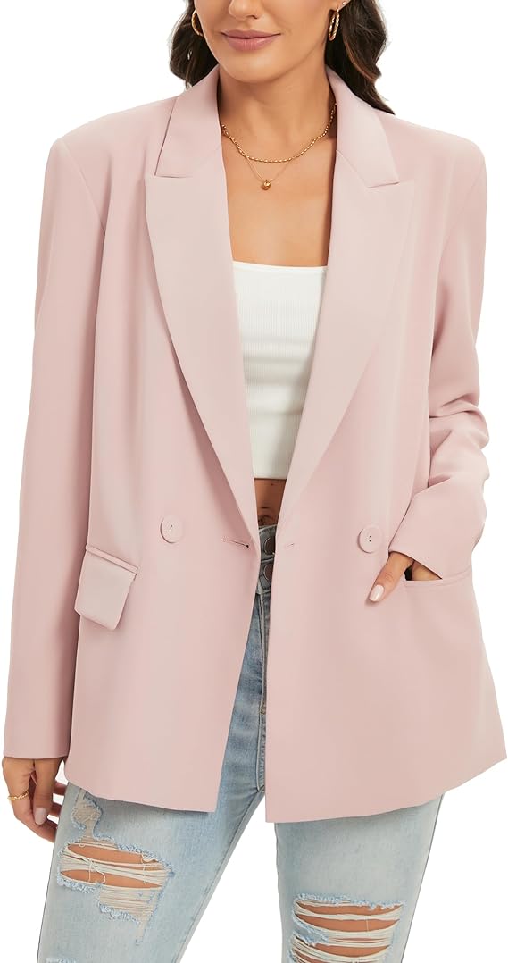 Women's Oversized Double-Breasted Suit Blazer Jacket Long Sleeve Casual Boyfriend Style Work Office Blazer with Pockets