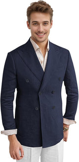 Men's Linen Blazer Lightweight Double Breasted Suit Jacket Casual Sport Coat for Beach Wedding