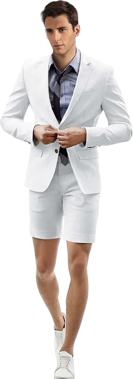 Men's 2 Piece Suit Slim Fit, Two Buttons Blazer with Shorts Pants Suit Set Wedding Summer Wear