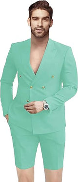 Men's 2 Pieces Slim Fit Suit Double Breasted Blazer Short Suits for Men