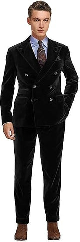 Men's 2 Piece Velvet Suit Peaked Lapel Double Breasted Tuxedo Slim Fit Jacket & Pants