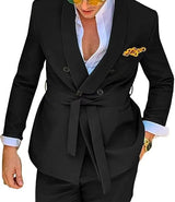 Men's 2 Pieces Suit Shawl Lapel Double Breasted Tuxedos with Belt Casual Jacket Pants Set