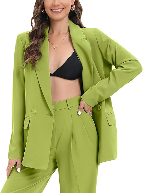 Women's Oversized Double-Breasted Suit Blazer Jacket Long Sleeve Casual Boyfriend Style Work Office Blazer with Pockets