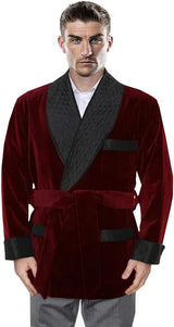 Men's Vintage Velvet Smoking Robe with Belt Short Lounge Bathrobe for Home Dinner Party