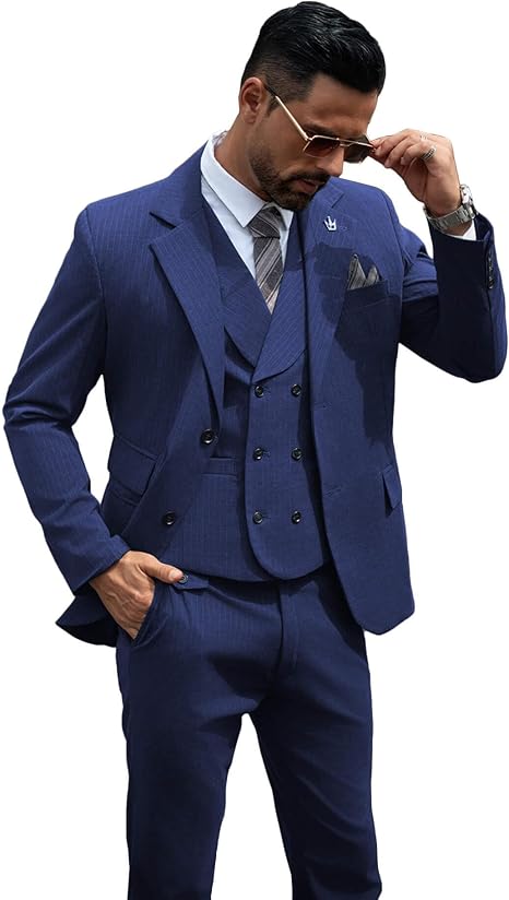 Mens 3 Piece Suit Pinstripe Suit Slim Fit Elegant Tuxedo Double Breasted Vest Pants for Business Wedding