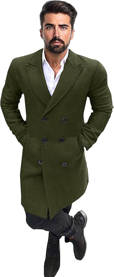 Men's Classic Cotton Blend Pea Coat Slim Fit Notched Collar Double Breasted Long Trench Blazer