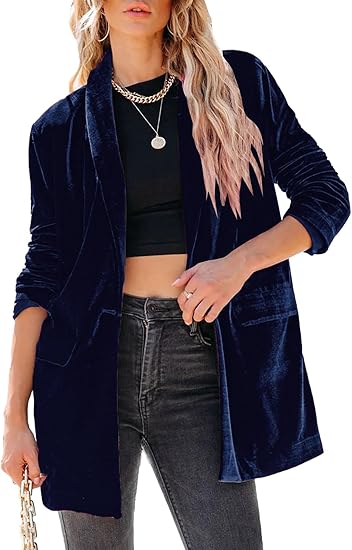 Happy Sailed Women's Velvet Blazer Jackets Casual Long Sleeve Lapel Collar Pocketed Blazer Suits Work Outfits