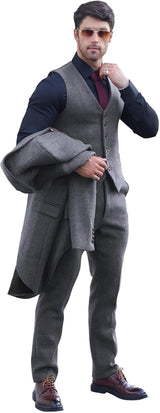 Mens 3 Piece Tuxedo Suit Vintage Shawl Lapel Herringbone Tailcoat 6 Buttons Waistcoat Pants