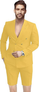 Men's 2 Pieces Slim Fit Suit Double Breasted Blazer Short Suits for Men