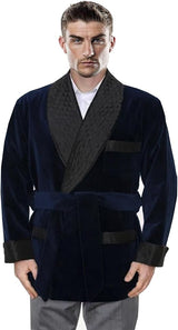 Men's Vintage Velvet Smoking Robe with Belt Short Lounge Bathrobe for Home Dinner Party