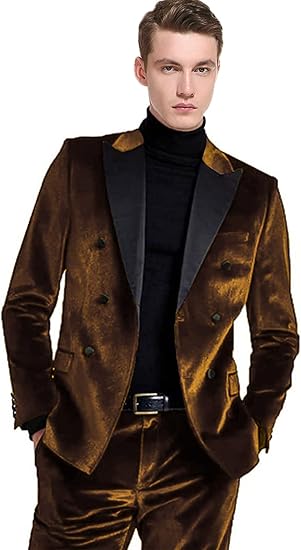 Men's 2 Pieces Velvet Suit Slim Fit Peak Lapel Double Breasted Blazer Tuxedo & Pants