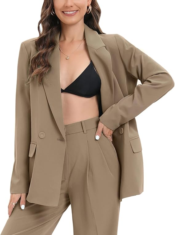 Women's Oversized Double-Breasted Suit Blazer Jacket Long Sleeve Casual Boyfriend Style Work Office Blazer with Pockets